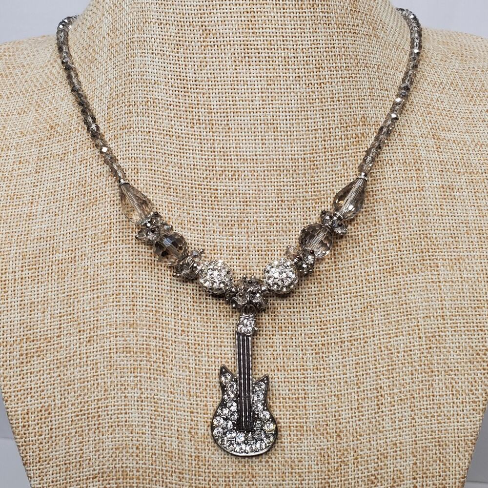 Vintage Necklace Guitar Pendant w/ Faux Diamonds & Glass Beads 16 Inch